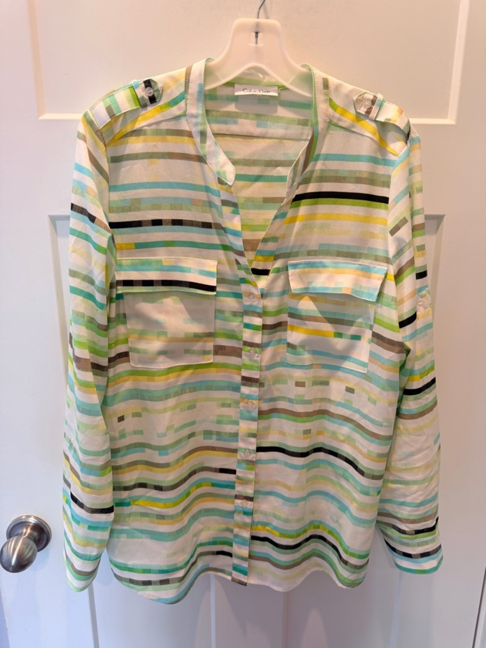 Calvin Klein Multicolor Stripe Blouse Button Front Pocket Shirt Lightweight L